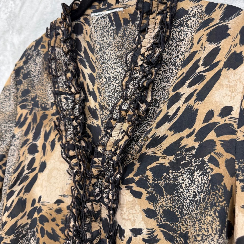 Unbranded Leopard Print Blouse Womens XL Tan Black Ruffle V-Neck Long Sleeve Top - Picture 3 of 9